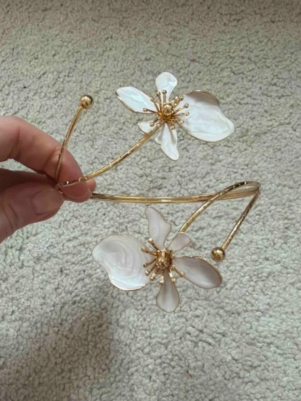 Anthropologie Gold-tone Cuff Bracelet with White Floral Accents